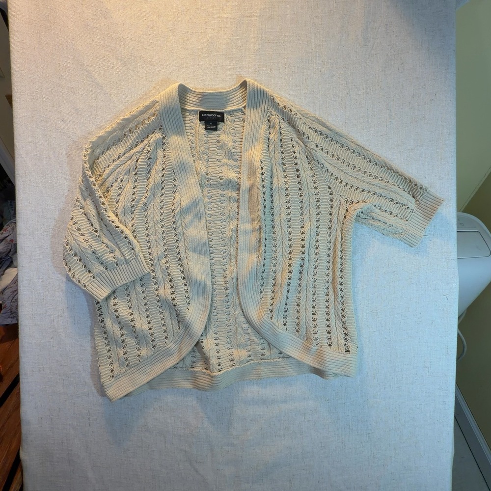 Liz Claiborne Cardigan Sweater Pointelle Knit Cotton Cream Women's Size XL